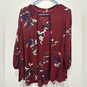 Free People Blouse Size Small Maroon Red Floral Women's Boho Hippie Tunic